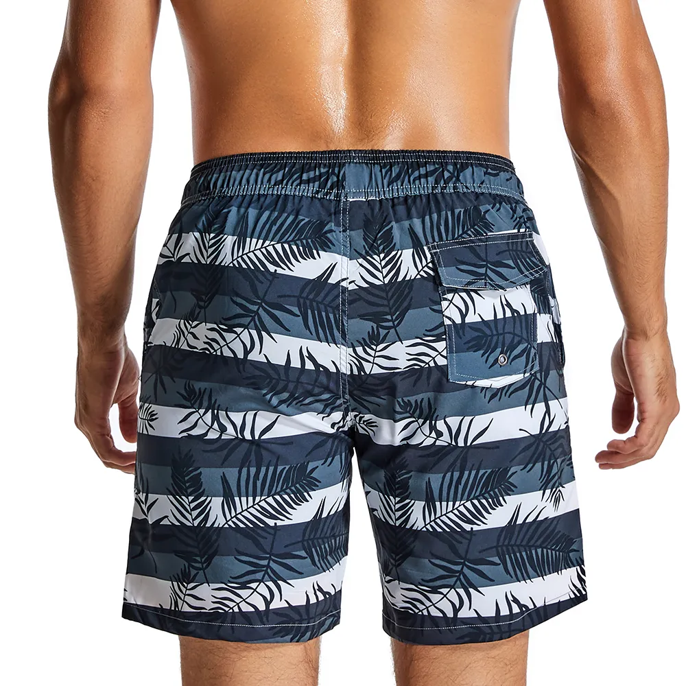 Men's Tropical Leaves And Striped Quick Dry Beach Shorts Swimming Trunks